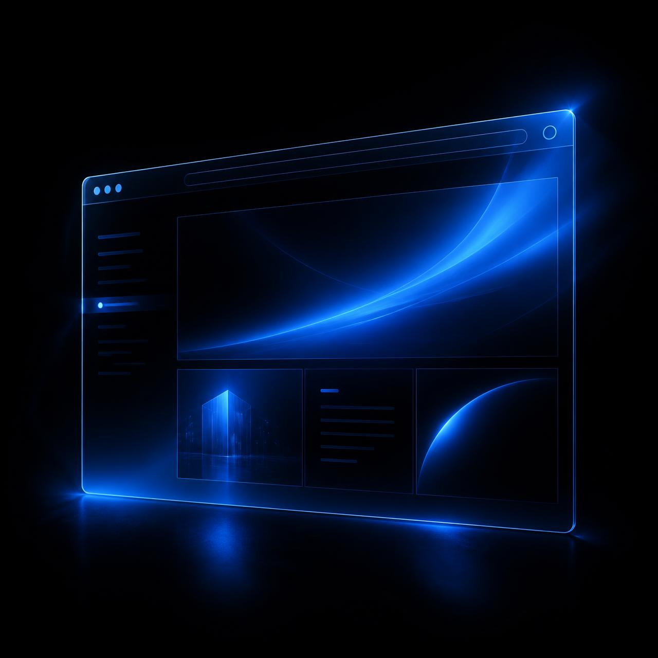 Glowing glass browser window showing a premium business website built by LaunchWeb